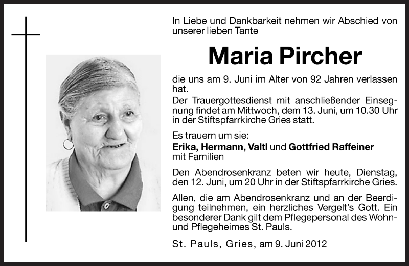  Traueranzeige für Maria Pircher vom 12.06.2012 aus Dolomiten