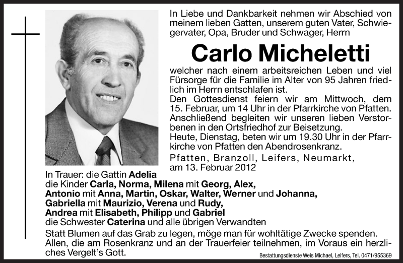  Traueranzeige für Carlo Micheletti vom 14.02.2012 aus Dolomiten