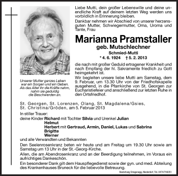 Traueranzeige von Marianna Pramstaller von Dolomiten