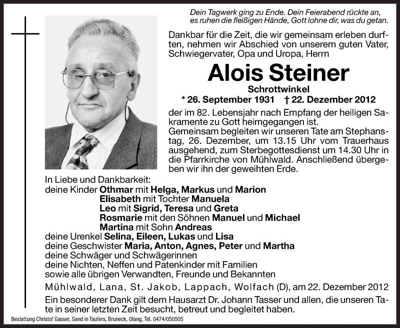  Traueranzeige für Alois Steiner vom 24.12.2012 aus Dolomiten