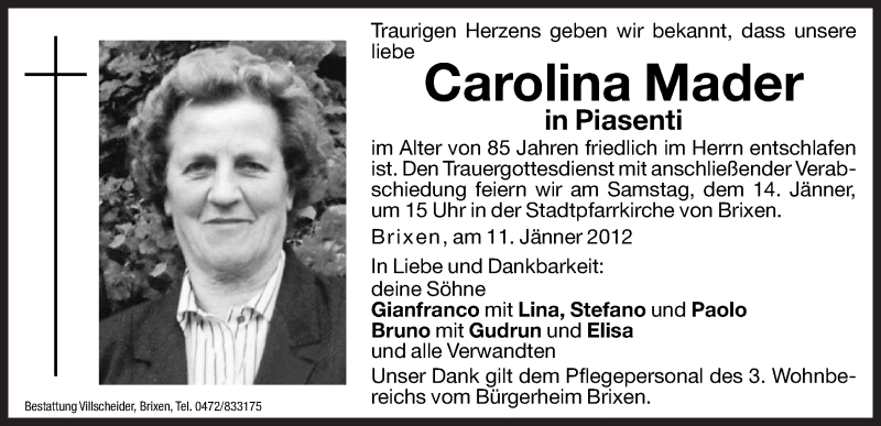  Traueranzeige für Carolina Mader vom 13.01.2012 aus Dolomiten