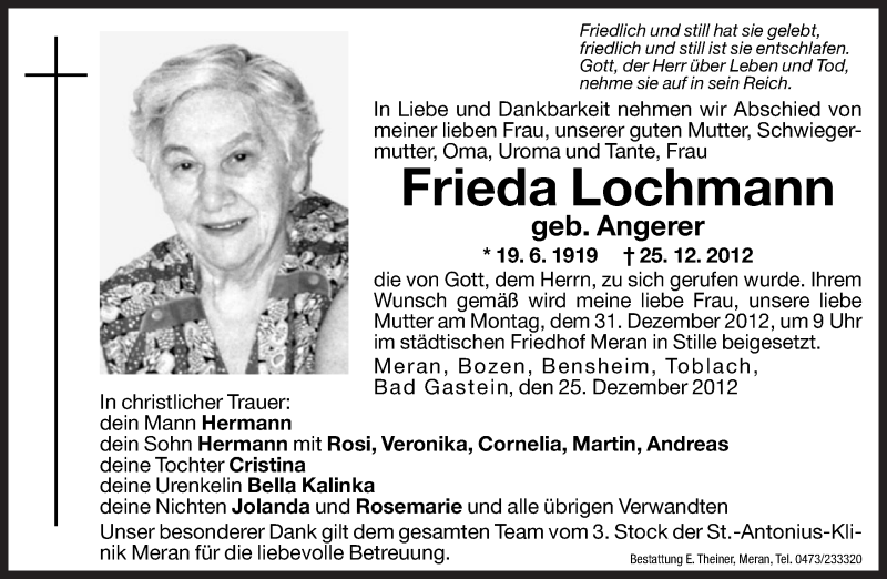  Traueranzeige für Frieda Lochmann vom 29.12.2012 aus Dolomiten