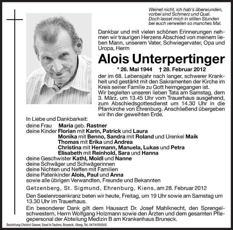  Traueranzeige für Alois Unterpertinger vom 02.03.2012 aus Dolomiten