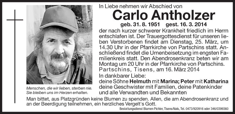  Traueranzeige für Carlo Antholzer vom 22.03.2014 aus Dolomiten