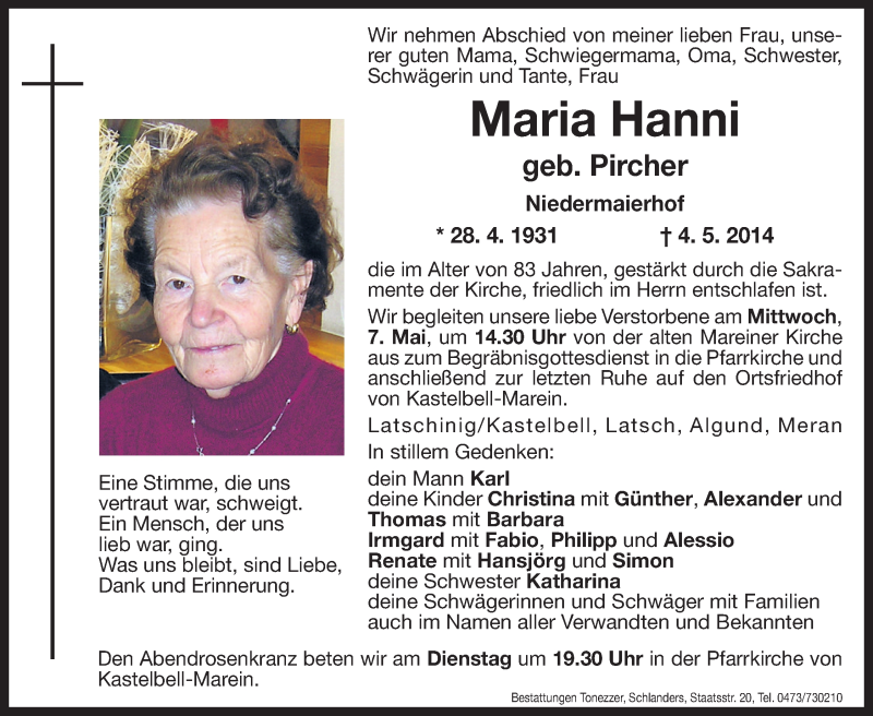  Traueranzeige für Maria Hanni vom 06.05.2014 aus Dolomiten