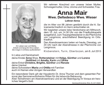 Traueranzeige von Anna Wieser von Dolomiten