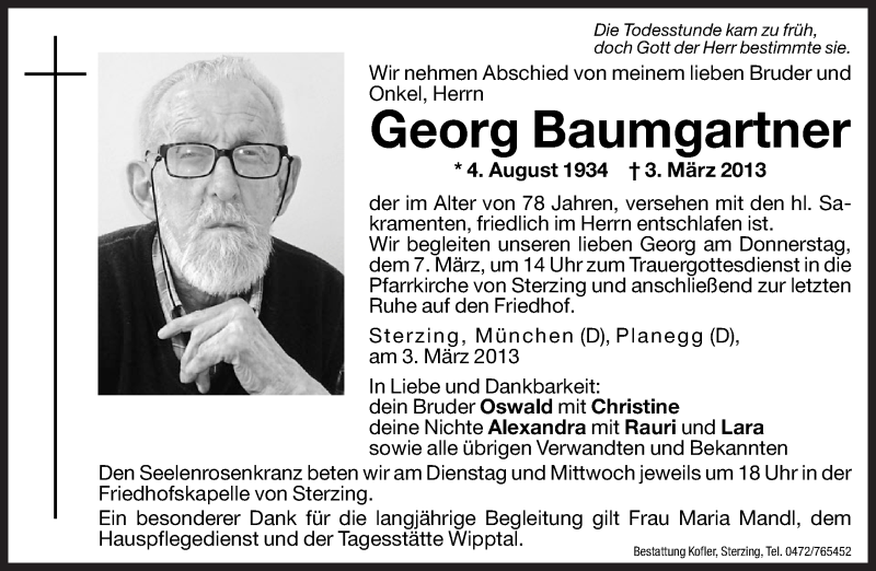  Traueranzeige für Georg Baumgartner vom 05.03.2013 aus Dolomiten