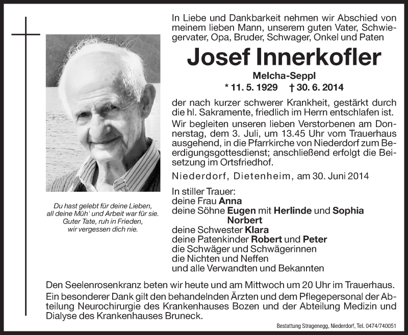  Traueranzeige für Josef Innerkofler vom 01.07.2014 aus Dolomiten