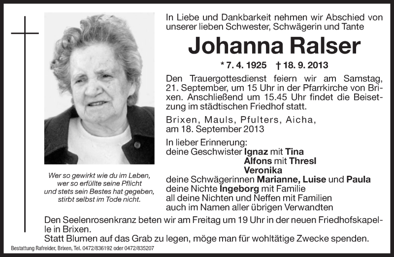  Traueranzeige für Johanna Ralser vom 20.09.2013 aus Dolomiten