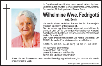 Traueranzeige von Wilhelmine Fedrigotti von Dolomiten