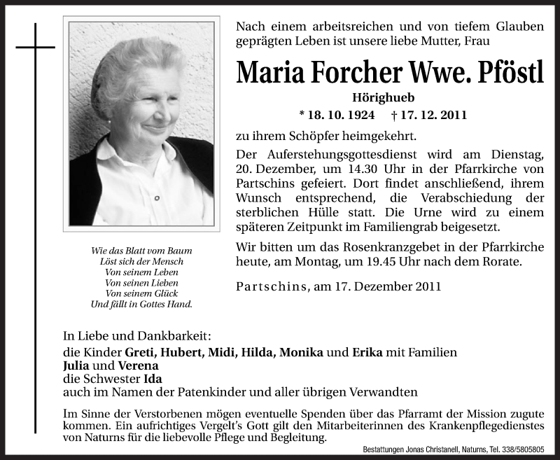  Traueranzeige für Maria Pföstl vom 19.12.2011 aus Dolomiten