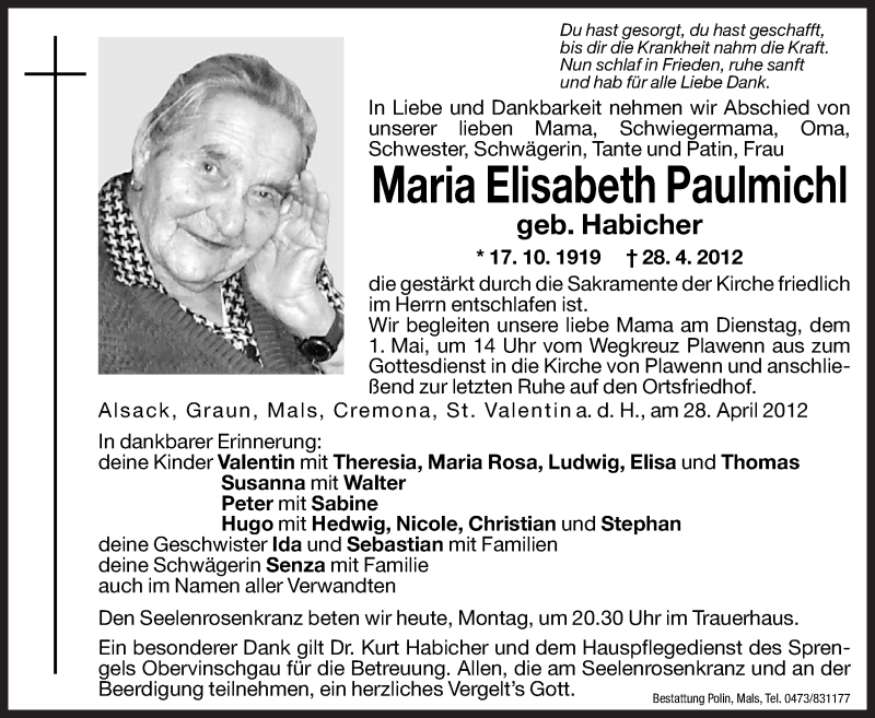  Traueranzeige für Maria Elisabeth Paulmichl vom 30.04.2012 aus Dolomiten