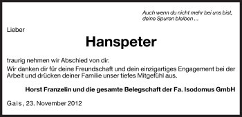 Traueranzeige von Hanspeter Haspinger von Dolomiten