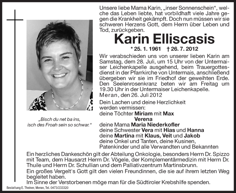  Traueranzeige für Karin Elliscasis vom 27.07.2012 aus Dolomiten