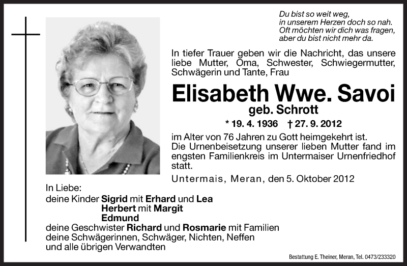  Traueranzeige für Elisabeth Savoi vom 05.10.2012 aus Dolomiten