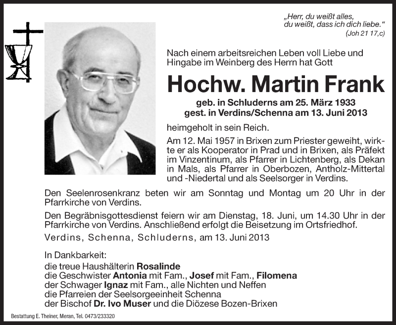  Traueranzeige für Martin Frank vom 15.06.2013 aus Dolomiten