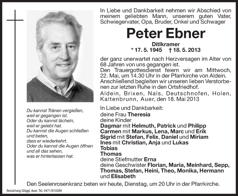  Traueranzeige für Peter Ebner vom 21.05.2013 aus Dolomiten