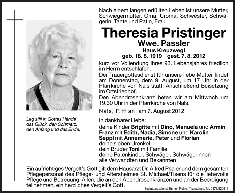  Traueranzeige für Theresia Passler vom 08.08.2012 aus Dolomiten