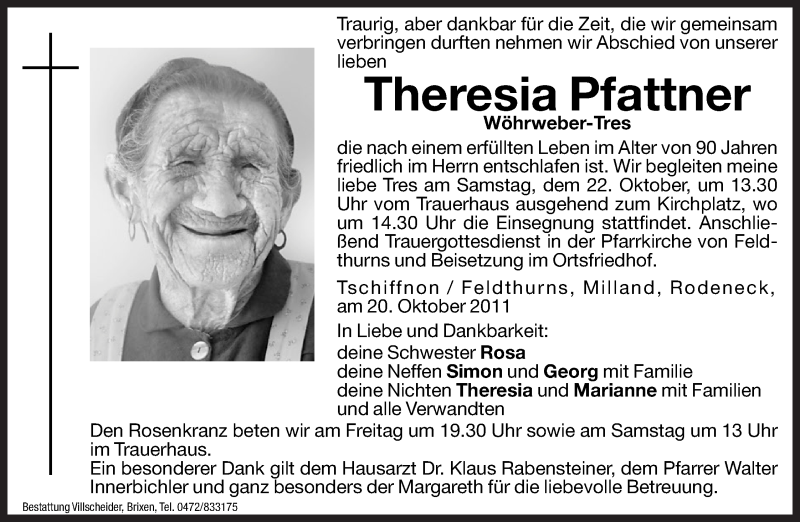  Traueranzeige für Theresia Pfattner vom 21.10.2011 aus Dolomiten