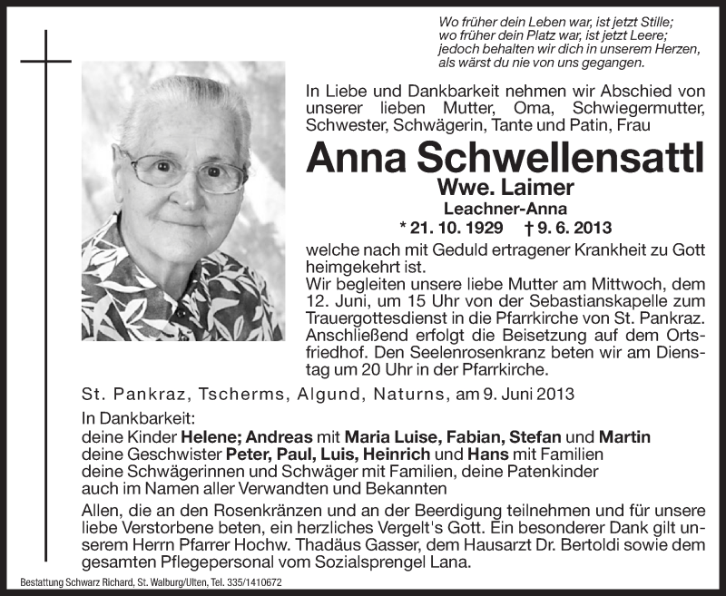  Traueranzeige für Anna Laimer vom 11.06.2013 aus Dolomiten