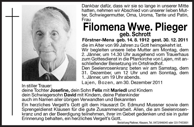  Traueranzeige für Filomena Plieger vom 31.12.2011 aus Dolomiten