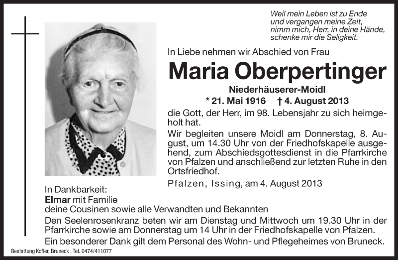  Traueranzeige für Maria Oberpertinger vom 06.08.2013 aus Dolomiten