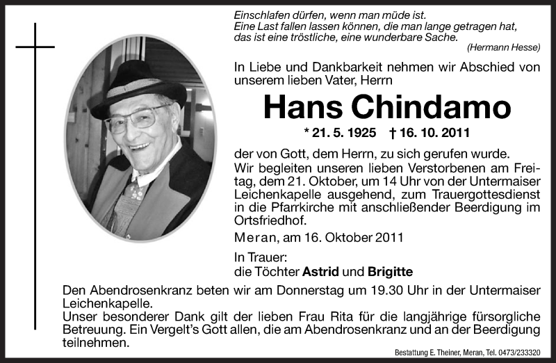  Traueranzeige für Hans Chindamo vom 20.10.2011 aus Dolomiten