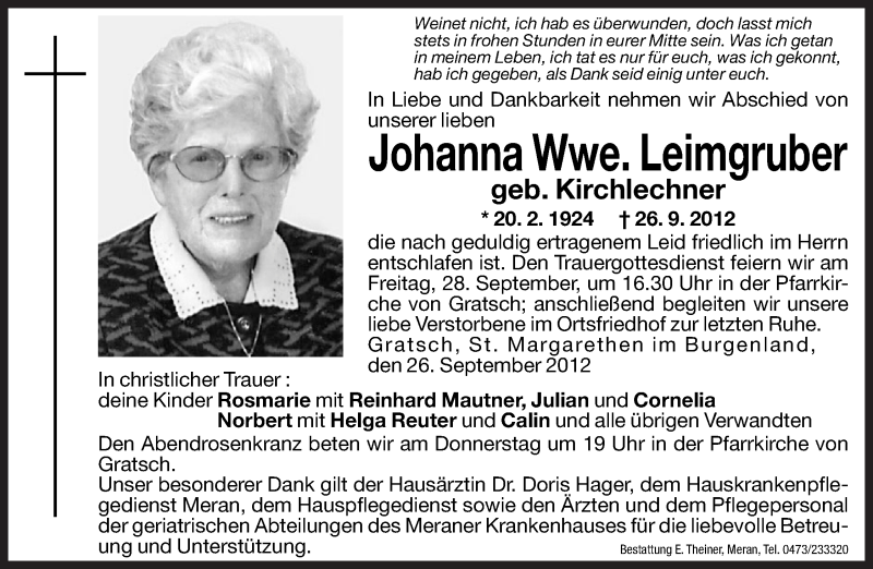  Traueranzeige für Johanna Leimgruber vom 27.09.2012 aus Dolomiten