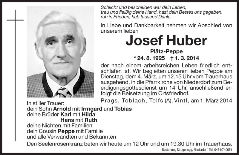  Traueranzeige für Josef Huber vom 03.03.2014 aus Dolomiten