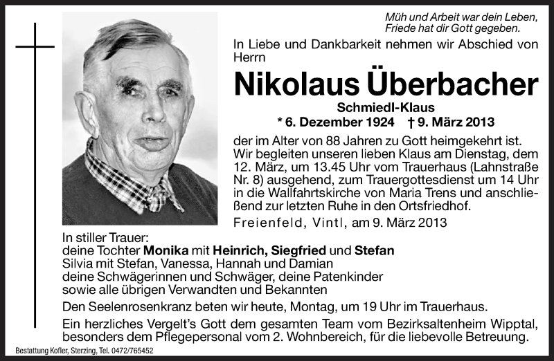  Traueranzeige für Nikolaus Überbacher vom 11.03.2013 aus Dolomiten