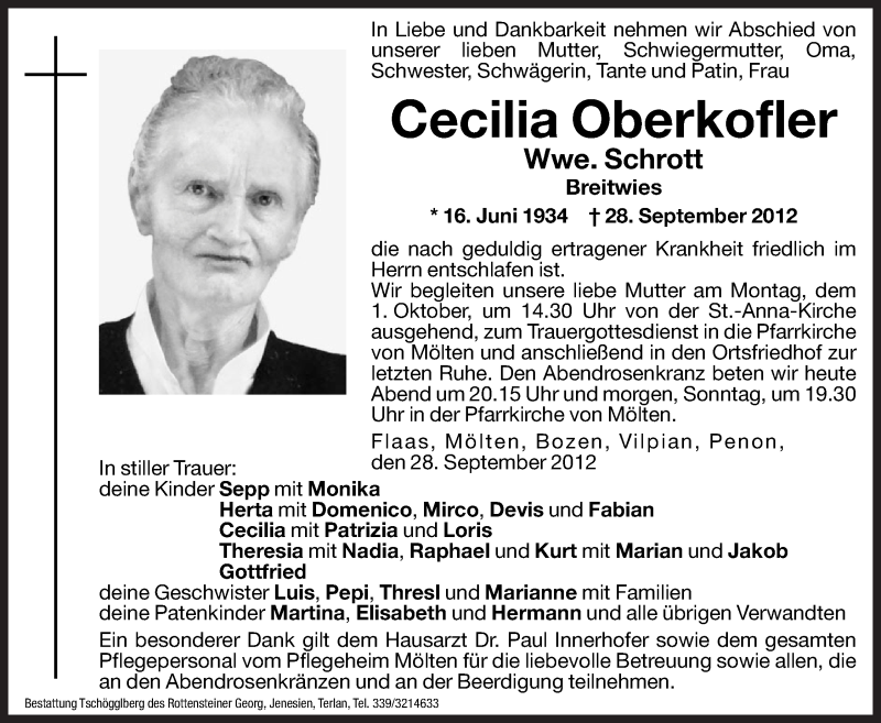  Traueranzeige für Cecilia Schrott vom 29.09.2012 aus Dolomiten