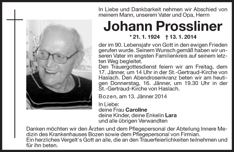  Traueranzeige für Johann Prossliner vom 16.01.2014 aus Dolomiten