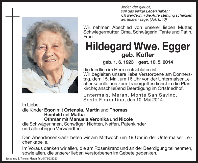  Traueranzeige für Hildegard Egger vom 13.05.2014 aus Dolomiten