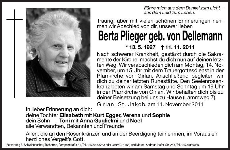  Traueranzeige für Berta Plieger vom 12.11.2011 aus Dolomiten