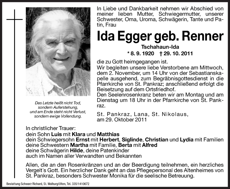  Traueranzeige für Ida Egger vom 31.10.2011 aus Dolomiten