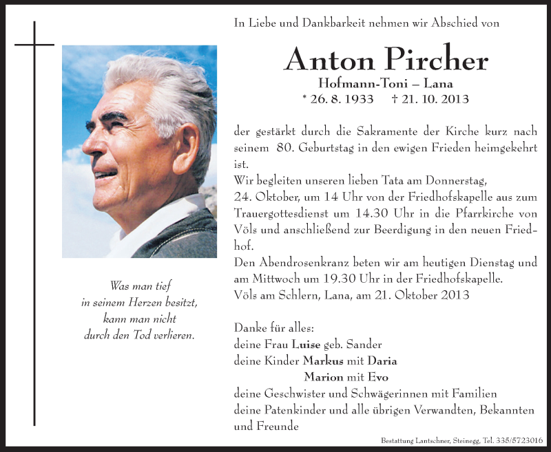  Traueranzeige für Anton Pircher vom 22.10.2013 aus Dolomiten