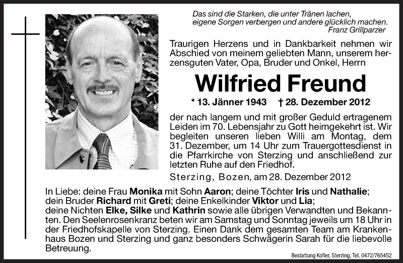  Traueranzeige für Wilfried Freund vom 29.12.2012 aus Dolomiten