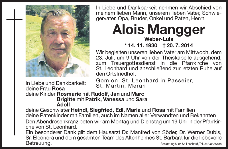  Traueranzeige für Alois Mangger vom 21.07.2014 aus Dolomiten