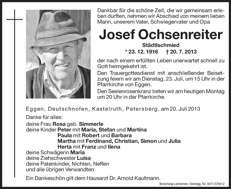  Traueranzeige für Josef Ochsenreiter vom 22.07.2013 aus Dolomiten