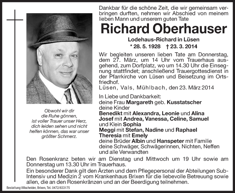  Traueranzeige für Richard Oberhauser vom 25.03.2014 aus Dolomiten