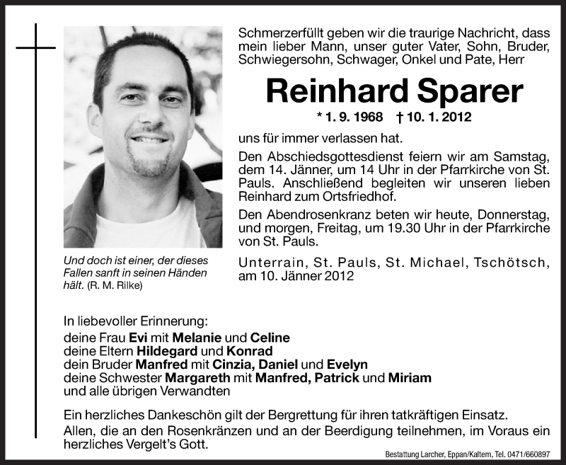  Traueranzeige für Reinhard Sparer vom 12.01.2012 aus Dolomiten