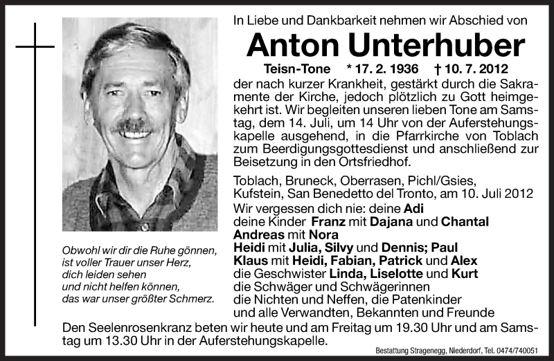  Traueranzeige für Anton Unterhuber vom 12.07.2012 aus Dolomiten