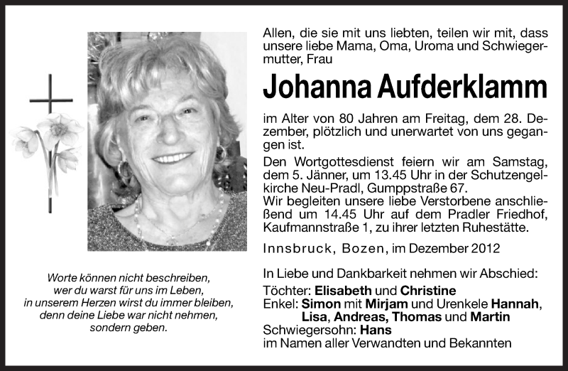  Traueranzeige für Johanna Aufderklamm vom 03.01.2013 aus Dolomiten