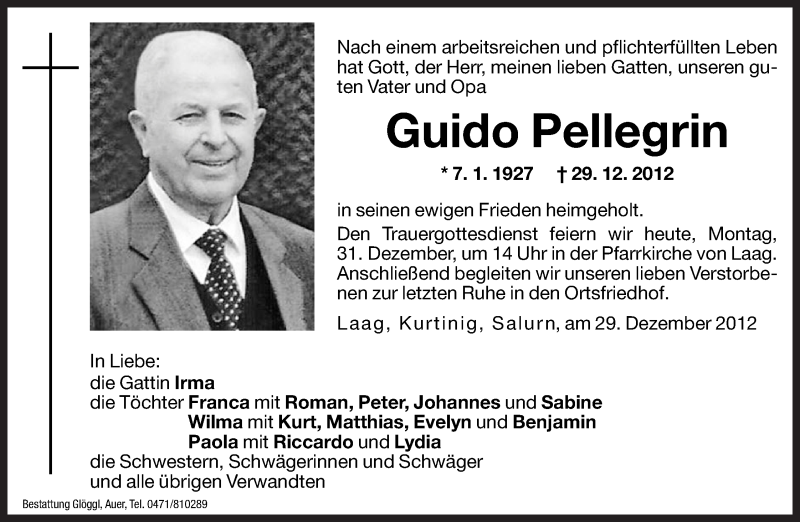  Traueranzeige für Guido Pellegrin vom 31.12.2012 aus Dolomiten