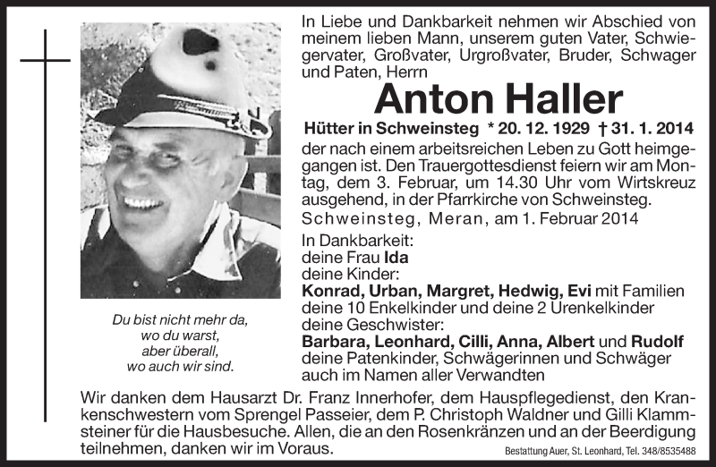  Traueranzeige für Anton Haller vom 03.02.2014 aus Dolomiten