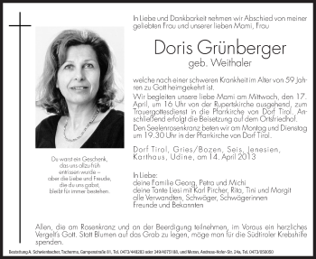 Traueranzeige von Doris Grünberger von Dolomiten