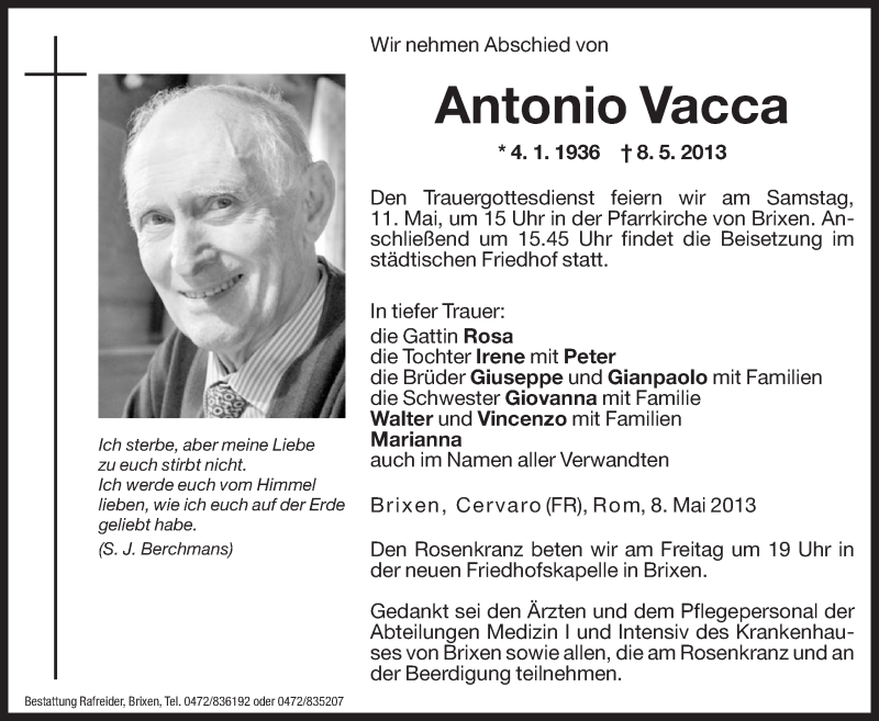  Traueranzeige für Antonio Vacca vom 09.05.2013 aus Dolomiten
