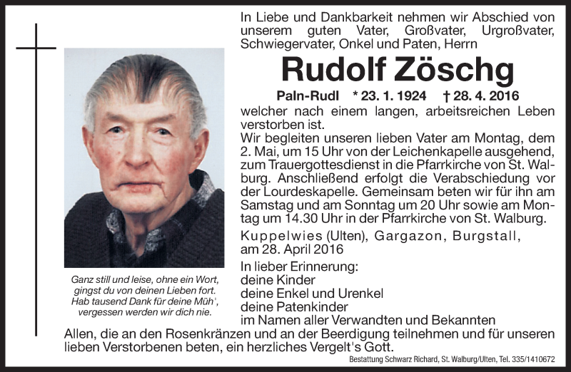  Traueranzeige für Rudolf Zöschg vom 30.04.2016 aus Dolomiten