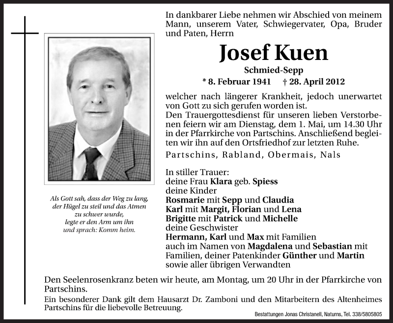  Traueranzeige für Josef Kuen vom 30.04.2012 aus Dolomiten