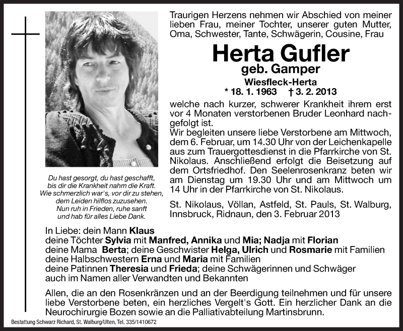  Traueranzeige für Herta Gufler vom 05.02.2013 aus Dolomiten